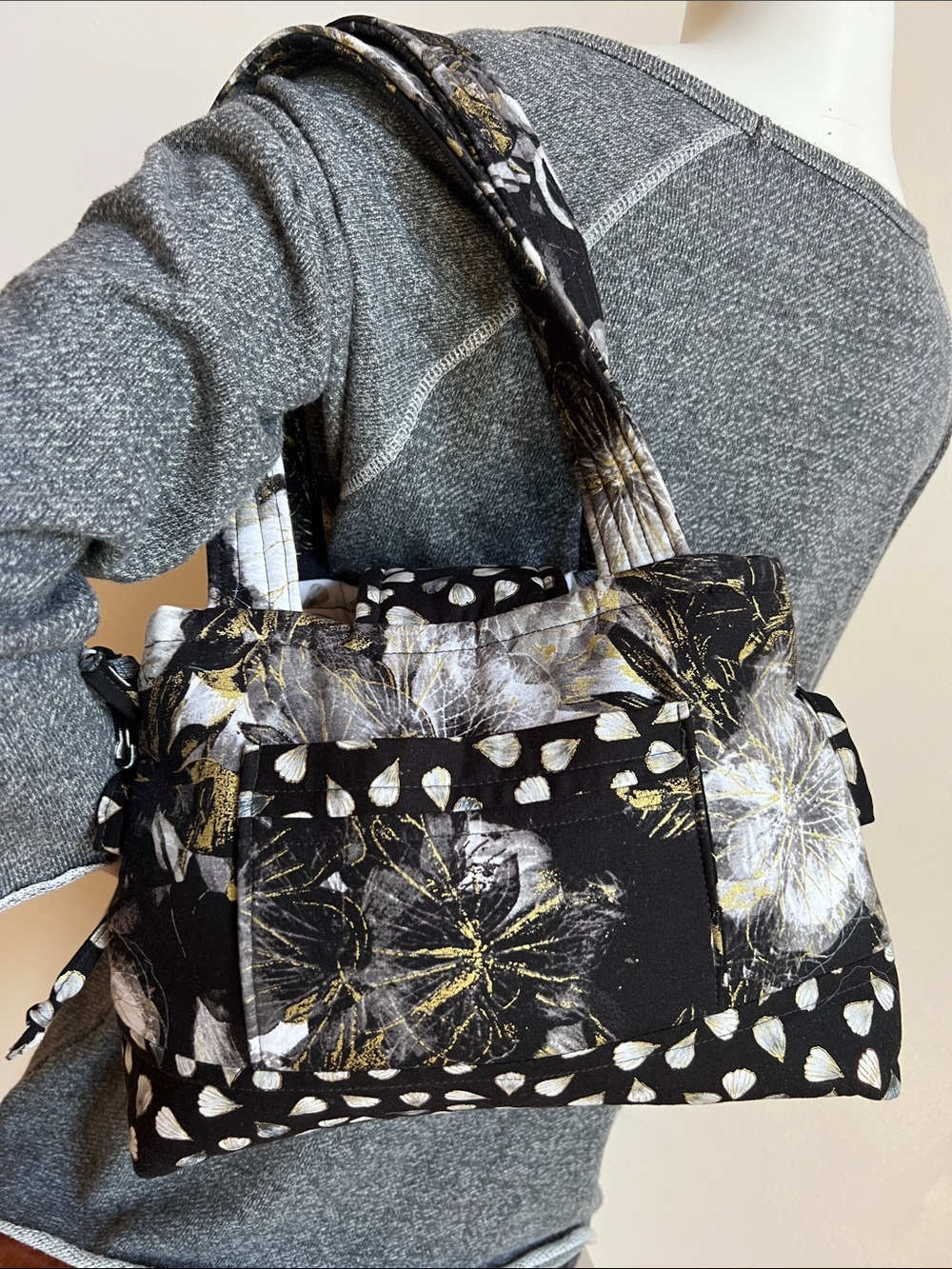 Quilted Floral Shoulder Bag with Gold Accents hand crafted multiple pockets